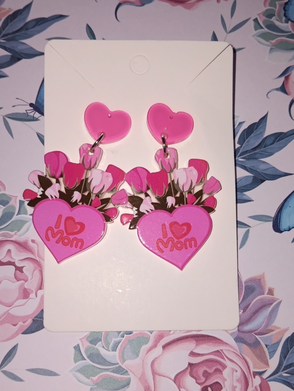 🔷️3-$15🔷️I Love Mom Pink Roses & Hearts Acrylic Dangle Drop Earrings New!